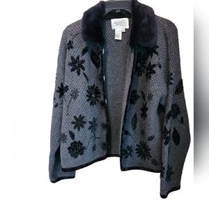 Elana Carello charcoal knit jacket with embroidered black flowers. Faux fur trim